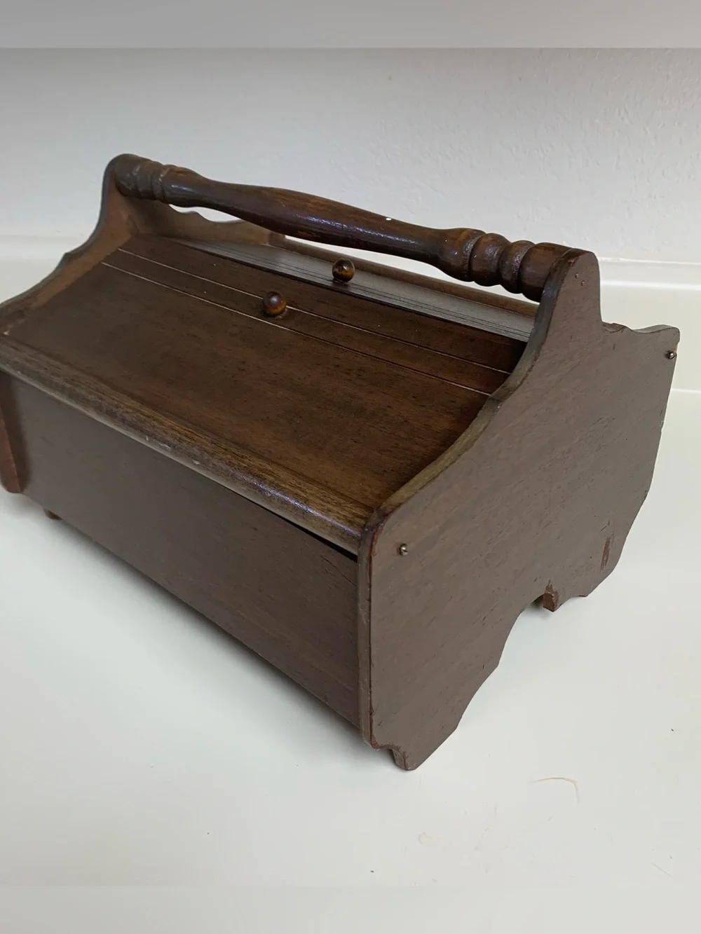 Vintage Wooden Sewing Box with Handle - Dark Brown